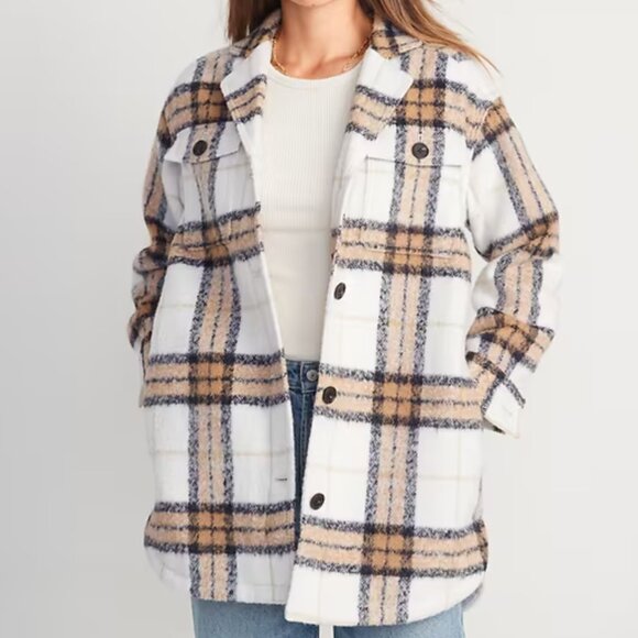 Old Navy Wool Shacket White Plaid Size Large - Picture 1 of 7